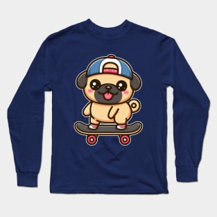 Kawaii Pug Puppy on Skateboard Cute Pug Lover Long Sleeve T-Shirt